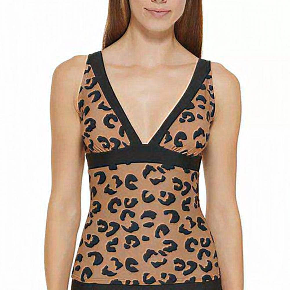 DKNY Leopard Print Tankini Swim‎ Top Mocha Brown S